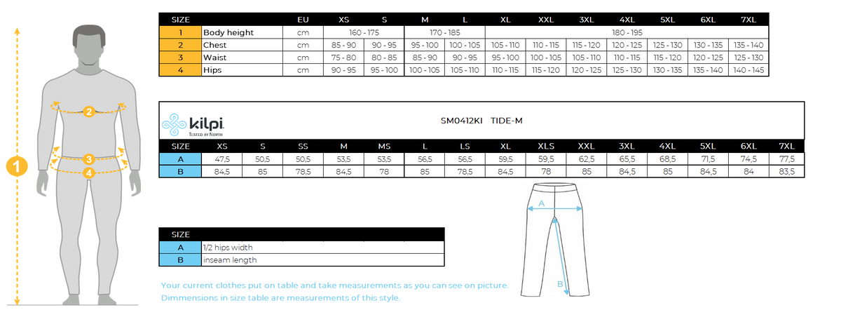Pantalon outdoor homme Kilpi TIDE-M – Size chart