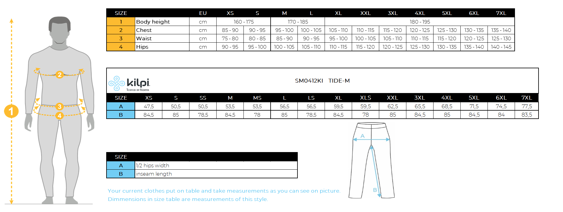 Pantalon outdoor homme Kilpi TIDE-M – Size chart