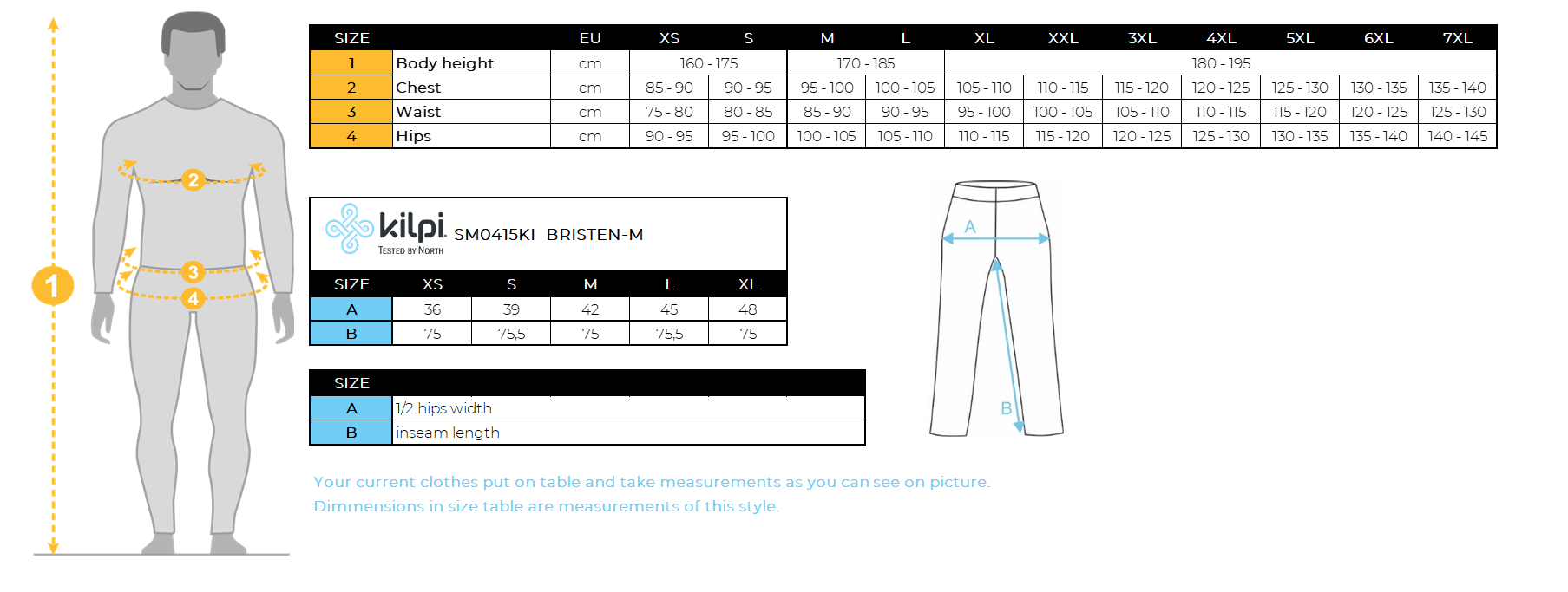Pantalon de ski de randonnée homme Kilpi BRISTEN-M – Size chart