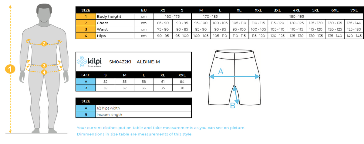 Short softshell homme Kilpi ALDINE-M – Size chart