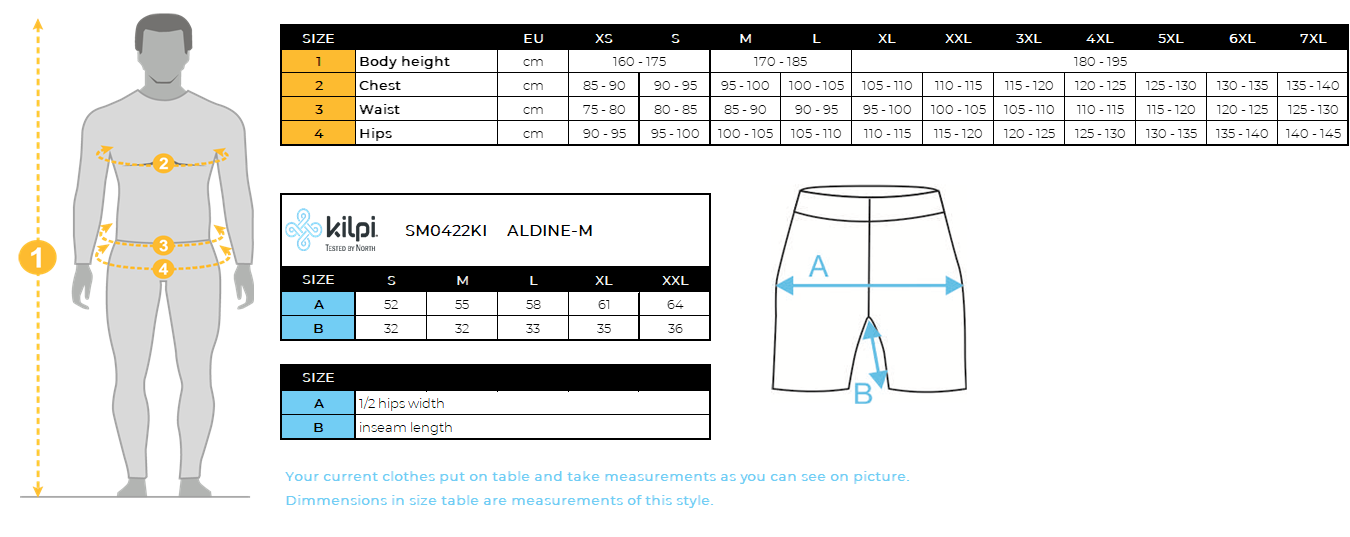 Short softshell homme Kilpi ALDINE-M – Size chart
