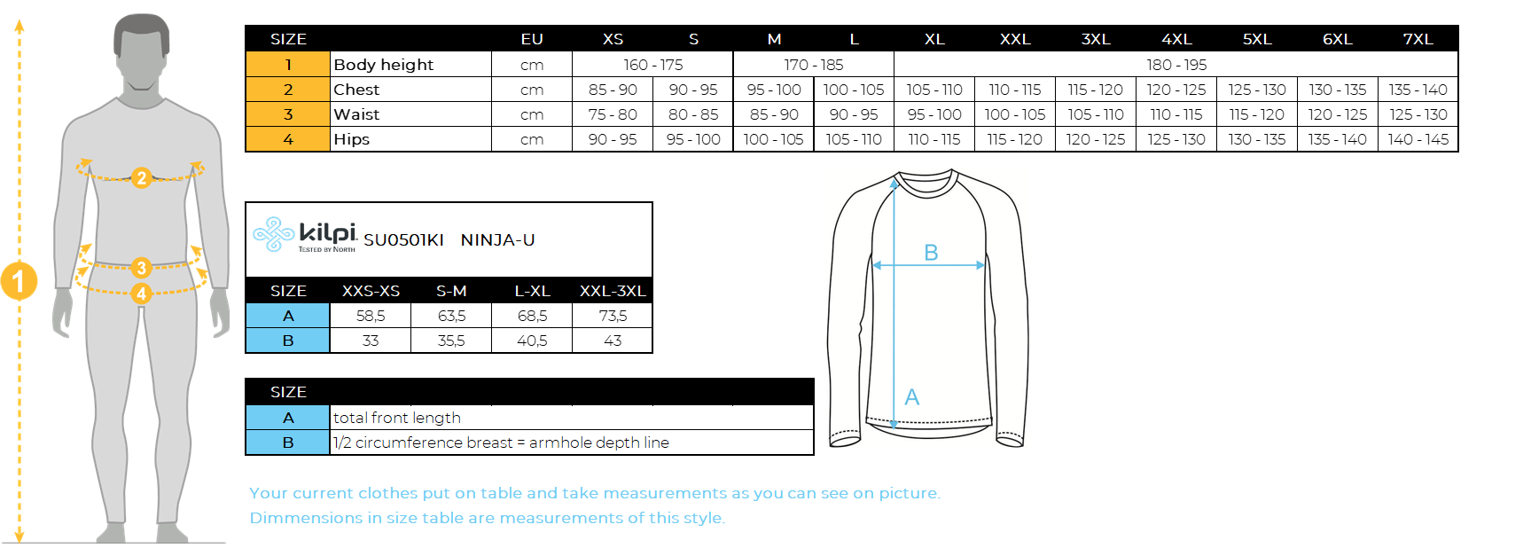 Sous-vêtement sans couture Kilpi NINJA-U – Size chart