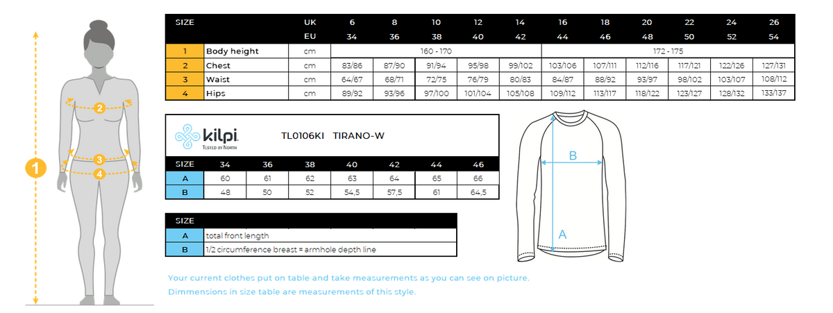 Veste de running légère femme Kilpi TIRANO-W – Size chart