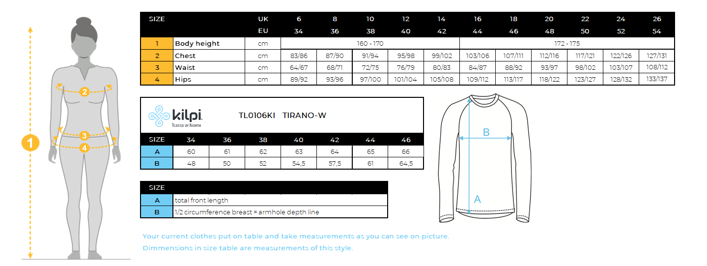 Veste de running légère femme Kilpi TIRANO-W – Size chart
