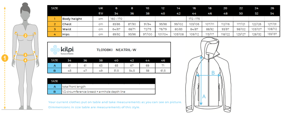Veste de running femme Kilpi NEATRIL-W – Size chart