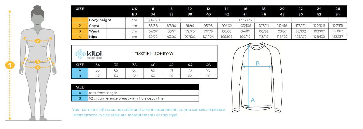Sweat femme Kilpi SOHEY-W – Size chart