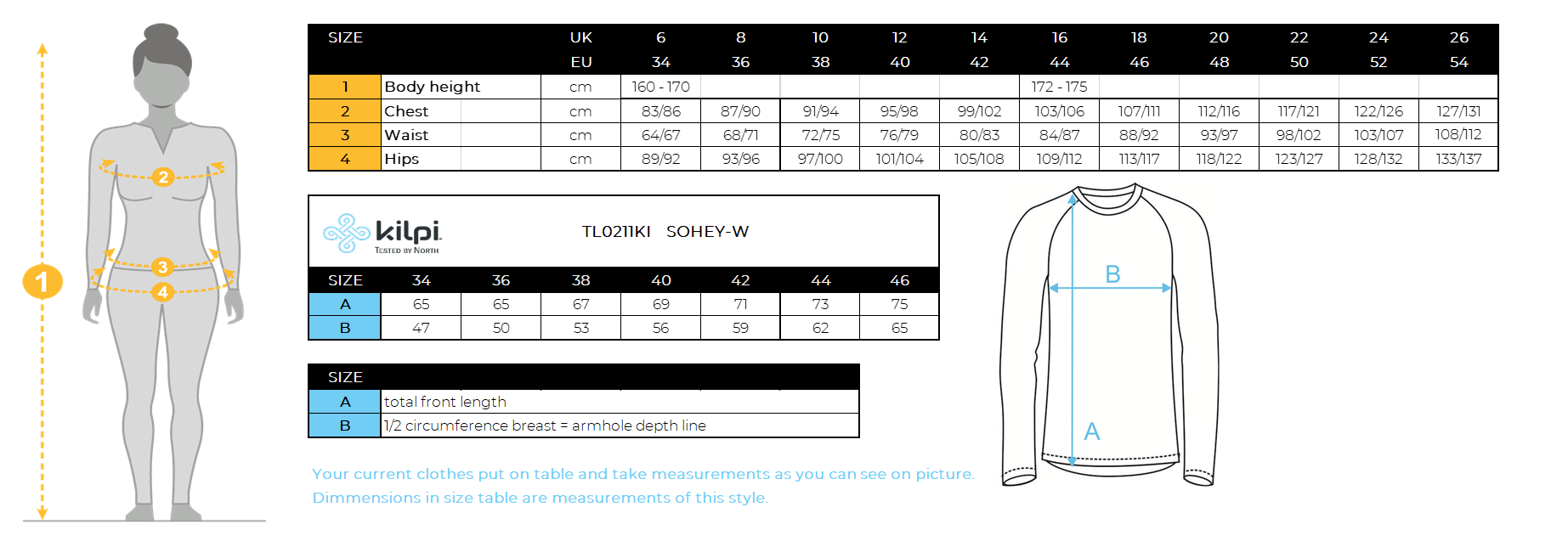 Sweat femme Kilpi SOHEY-W – Size chart