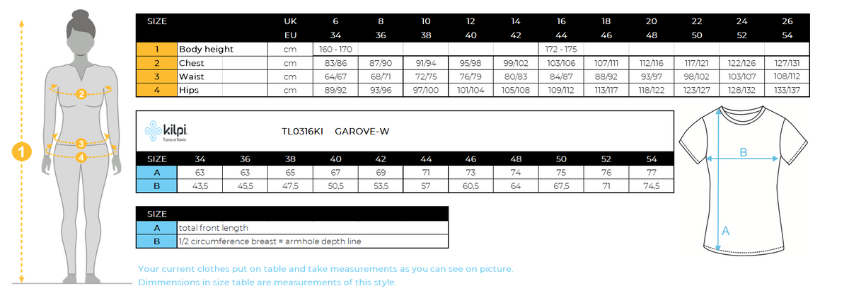 Women's technical T-shirt Kilpi GAROVE-W – Size chart