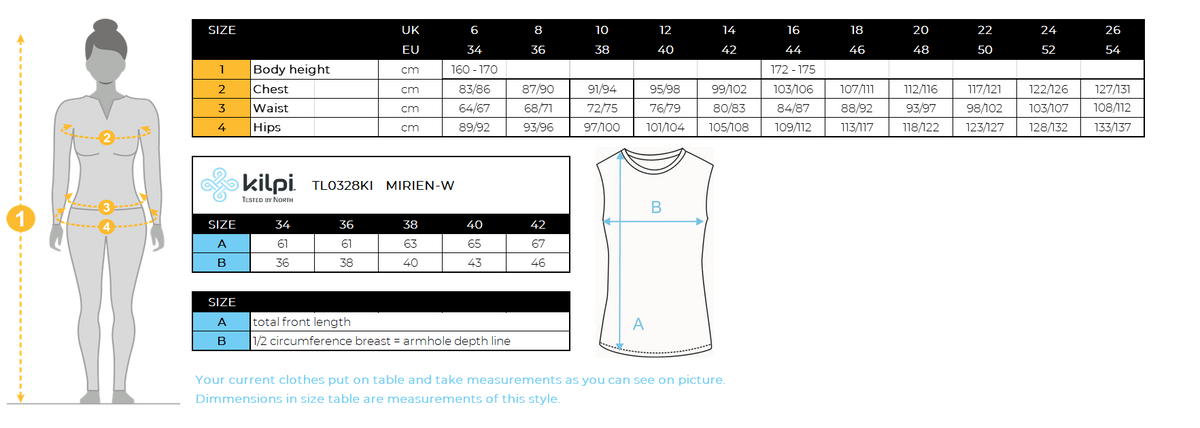 Top mérinos femme Kilpi MIRIEN-W – Size chart