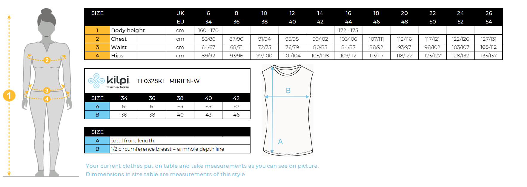 Top mérinos femme Kilpi MIRIEN-W – Size chart
