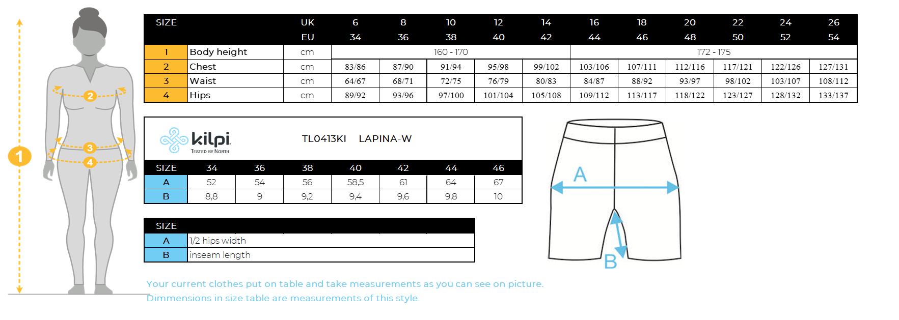 Short de running femme Kilpi LAPINA-W – Size chart