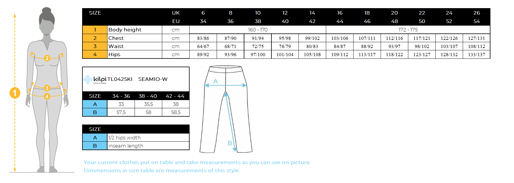 Leggins sans couture femme Kilpi SEAMIO-W – Size chart