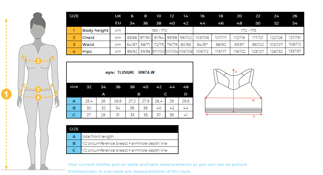 Brassière de sport femme Kilpi RINTA-W – Size chart