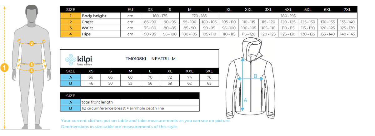Veste de running homme Kilpi NEATRIL-M – Size chart