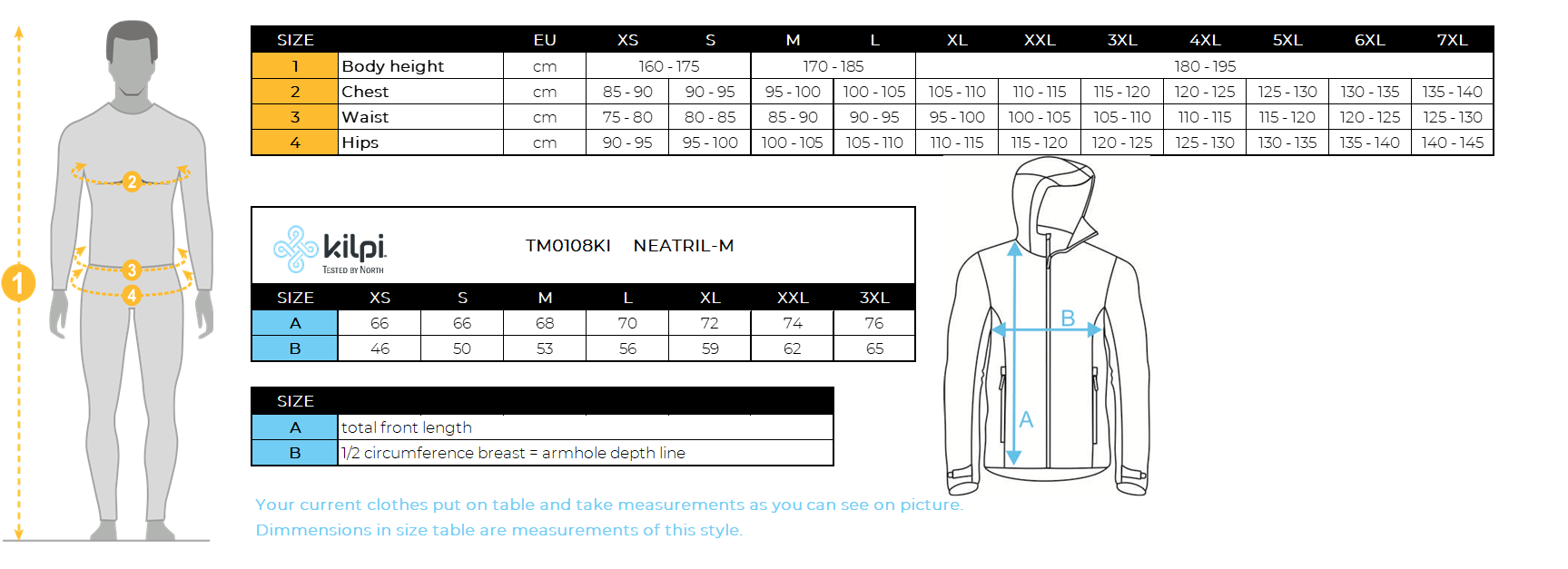 Veste de running homme Kilpi NEATRIL-M – Size chart