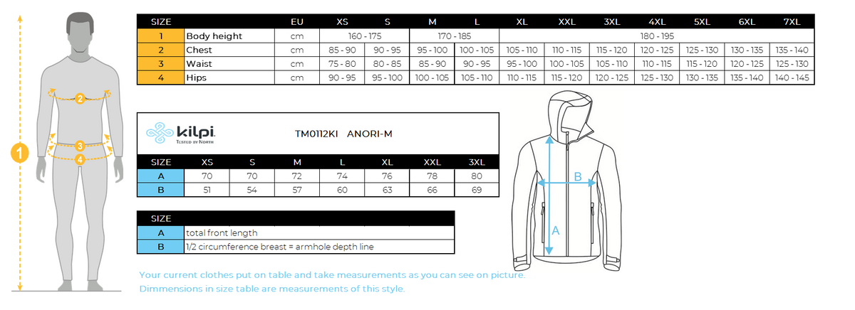 Veste anorak légère homme Kilpi ANORI-M – Size chart