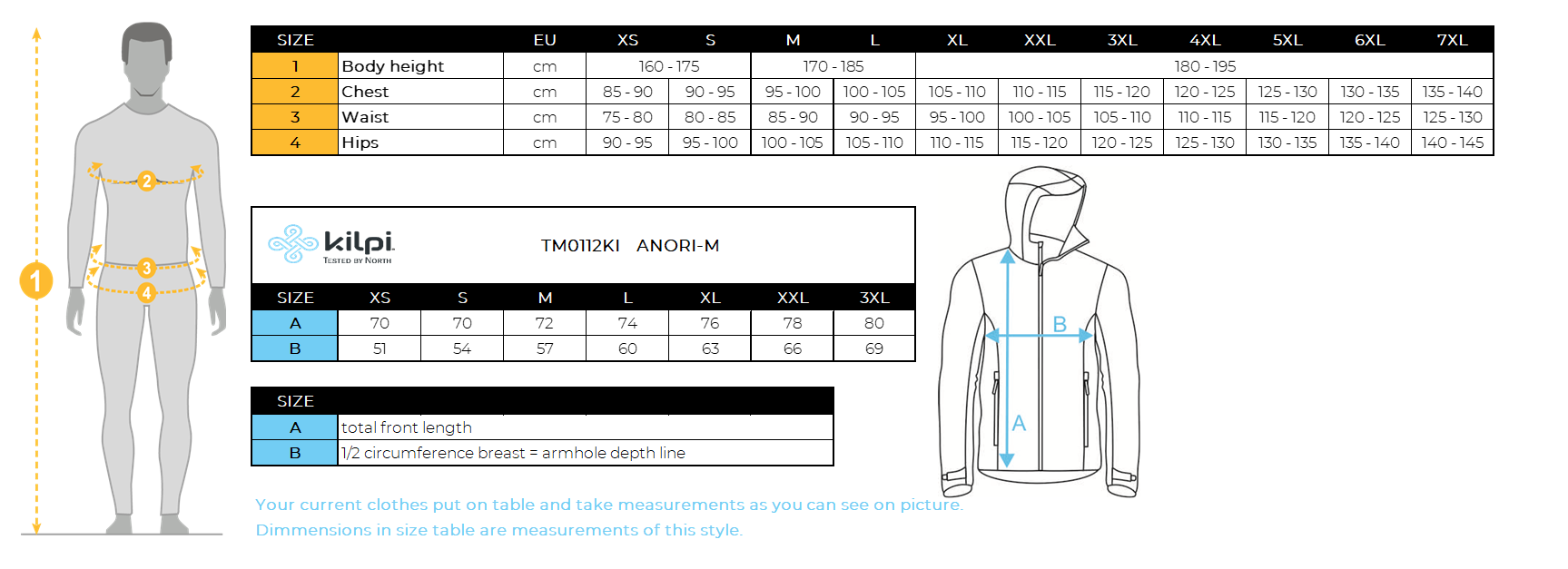 Veste anorak légère homme Kilpi ANORI-M – Size chart