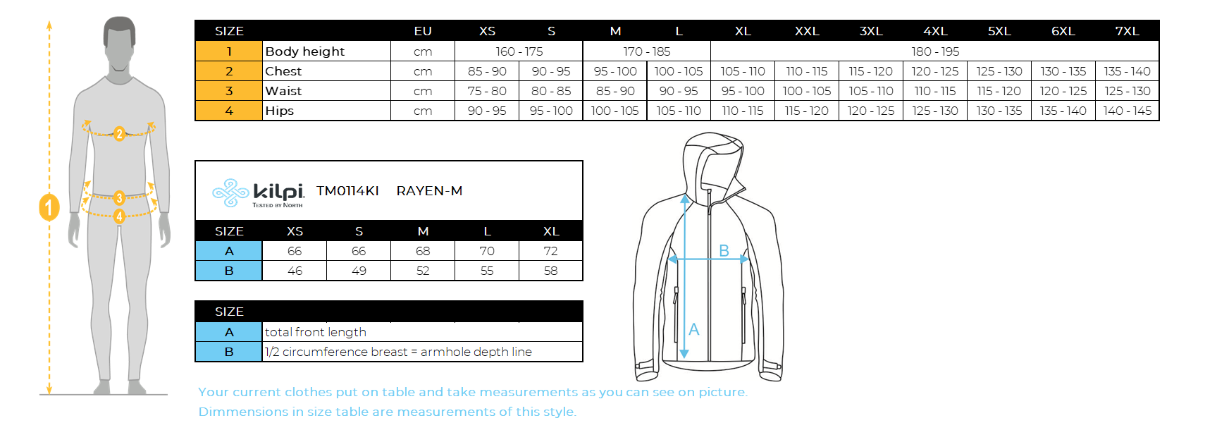 Veste hybride homme Kilpi RAYEN-M – Size chart
