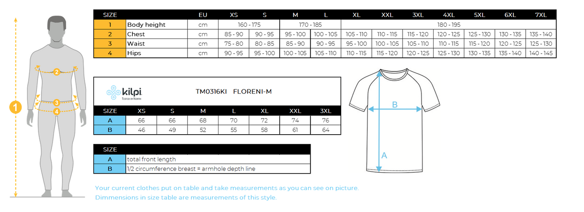 T-shirt équipe de course à pied homme Kilpi FLORENI-M – Size chart