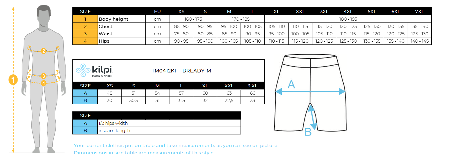Short d'extérieur pour hommes Kilpi BREADY-M – Size chart