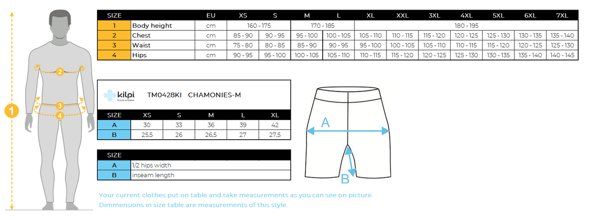 Short de course compressé homme Kilpi CHAMONIES-M – Size chart