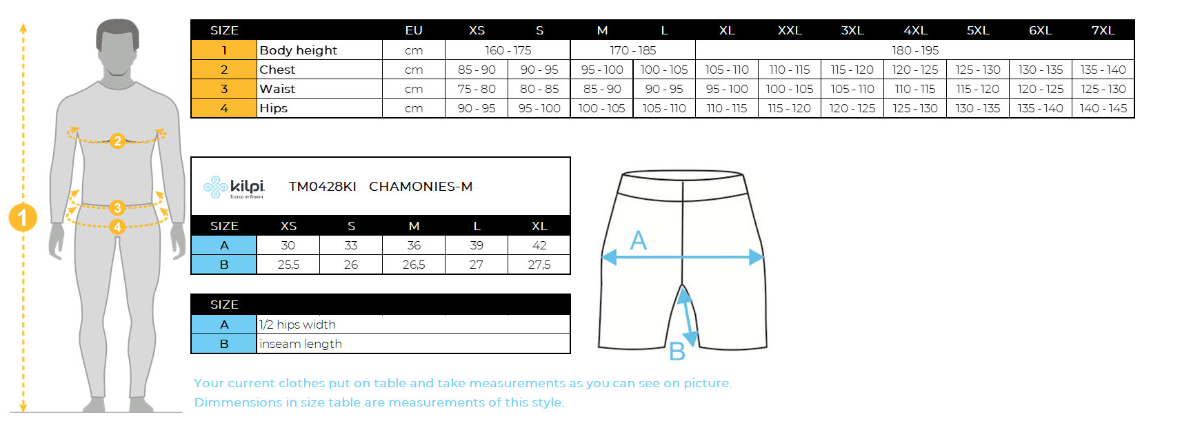 Short de course compressé homme Kilpi CHAMONIES-M – Size chart