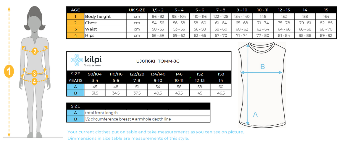 Gilet isolant fille Kilpi TOMM-JG – Size chart