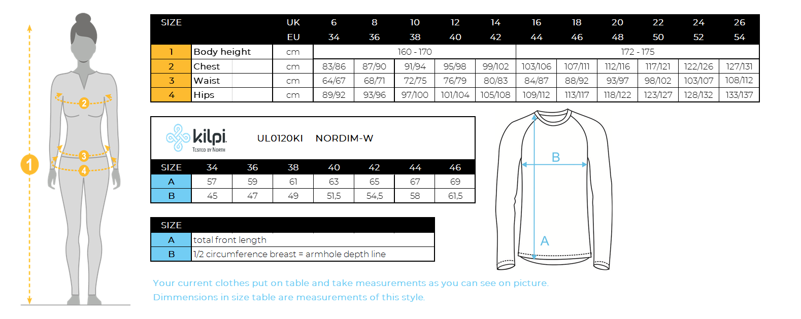 Veste de running femme Kilpi NORDIM-W – Size chart