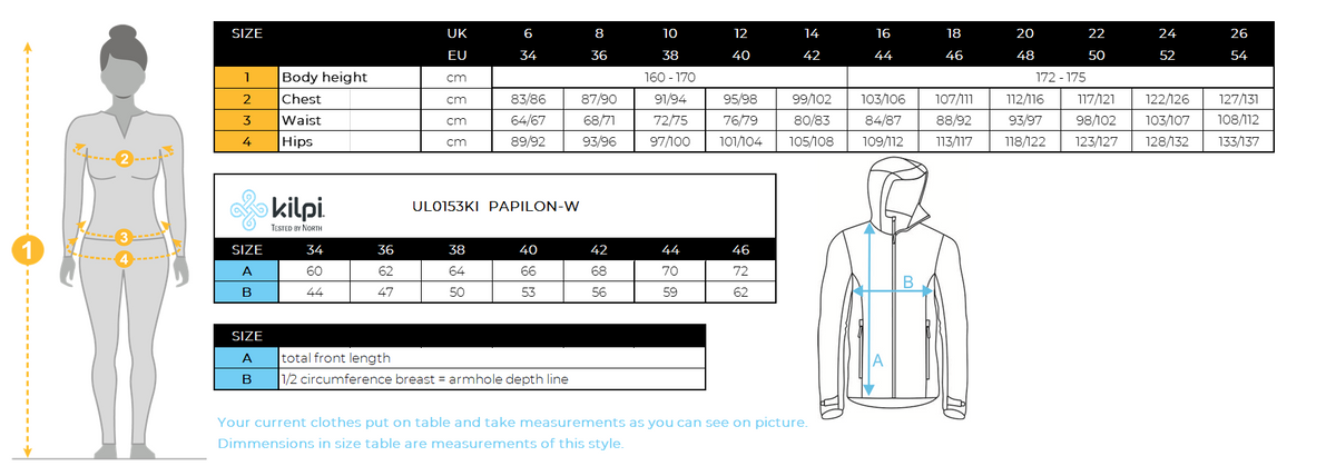 Doudoune femme Kilpi PAPILON-W – Size chart