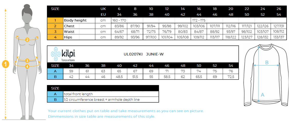 Sweat-shirt fonctionnel pour femmes Kilpi JUNIE-W – Size chart