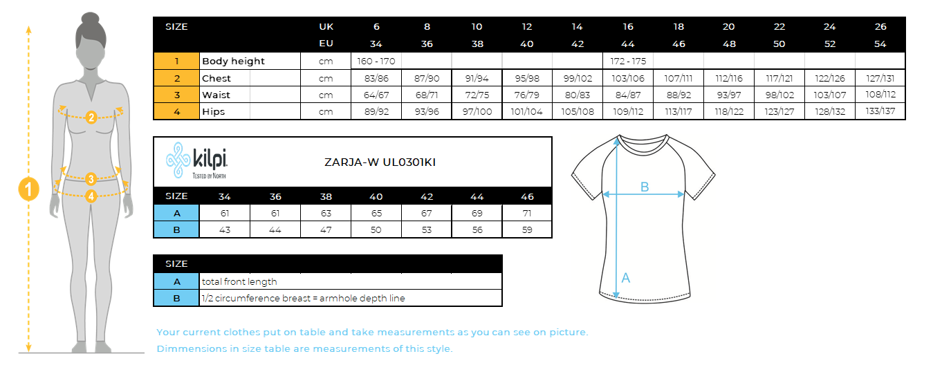 T-shirt femme en laine mérinos Kilpi ZARJA-W – Size chart