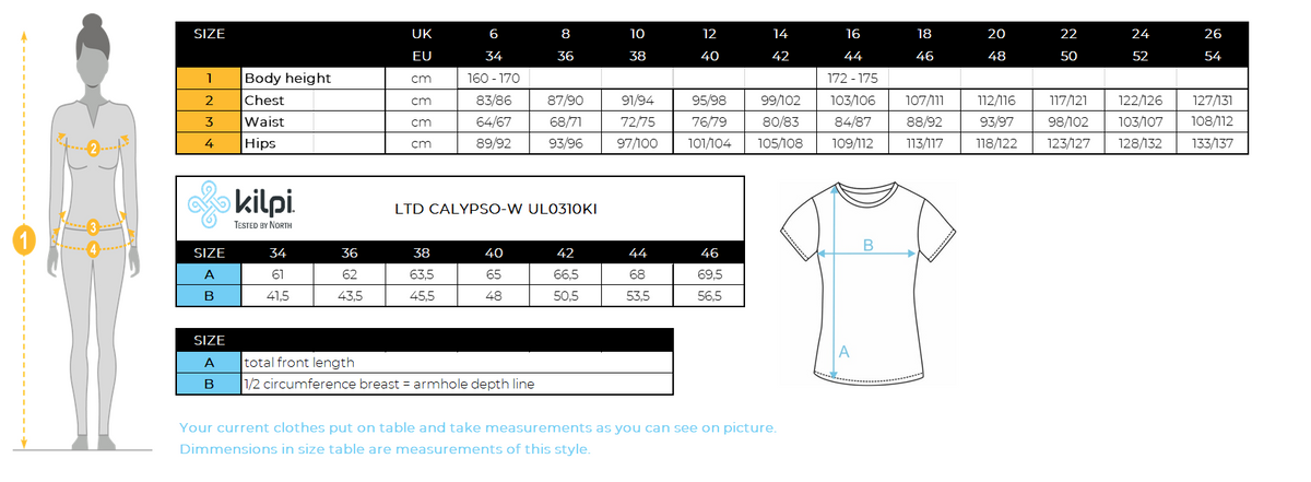 T-shirt Femme Kilpi LTD CALYPSO-W – Size chart