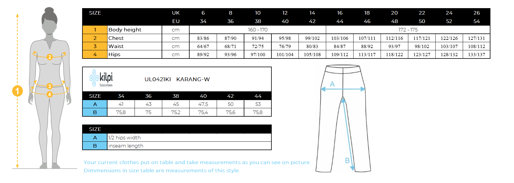 Legging de running femme Kilpi KARANG-W – Size chart