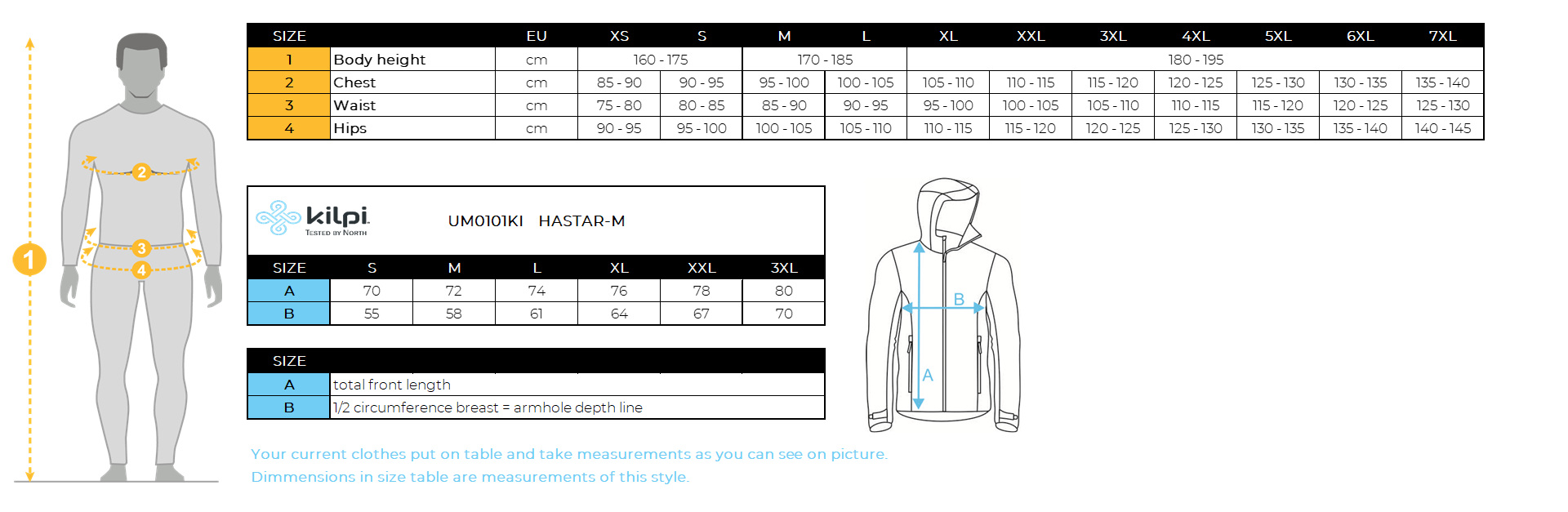 Veste outdoor imperméable homme Kilpi HASTAR-M – Size chart