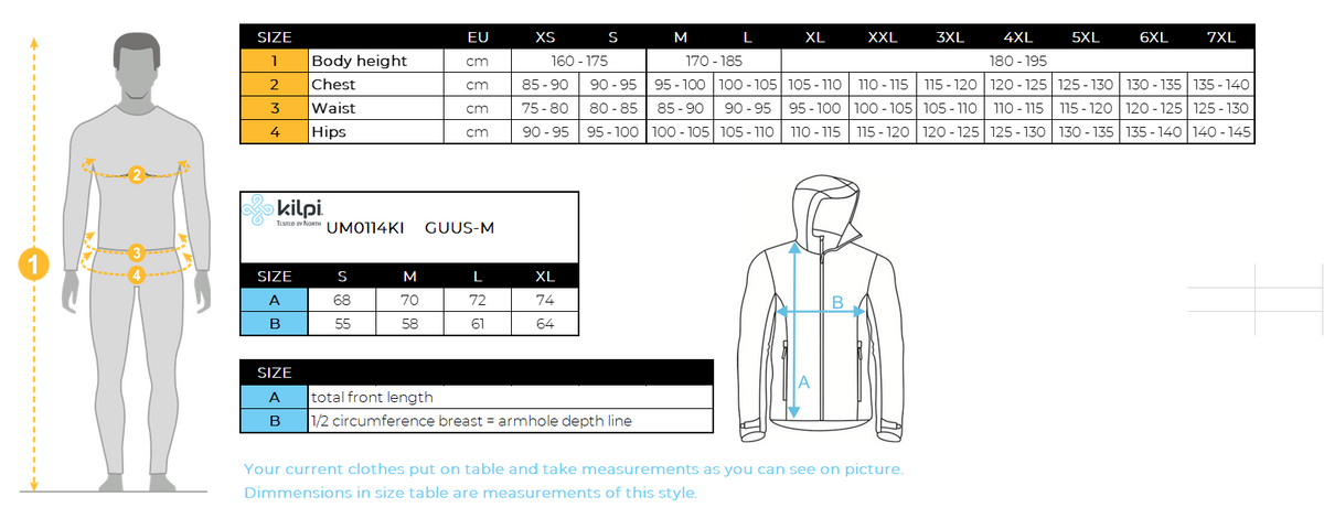 Doudoune homme Kilpi GUUS-M – Size chart