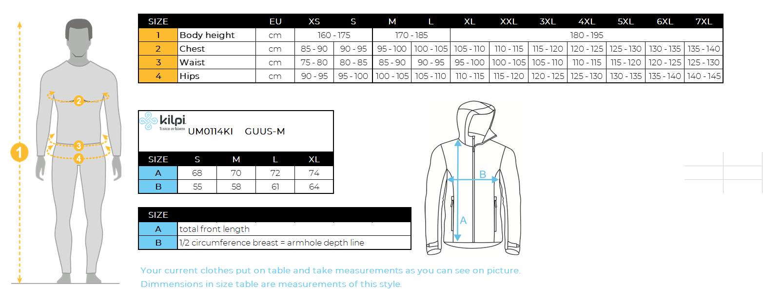Doudoune homme Kilpi GUUS-M – Size chart