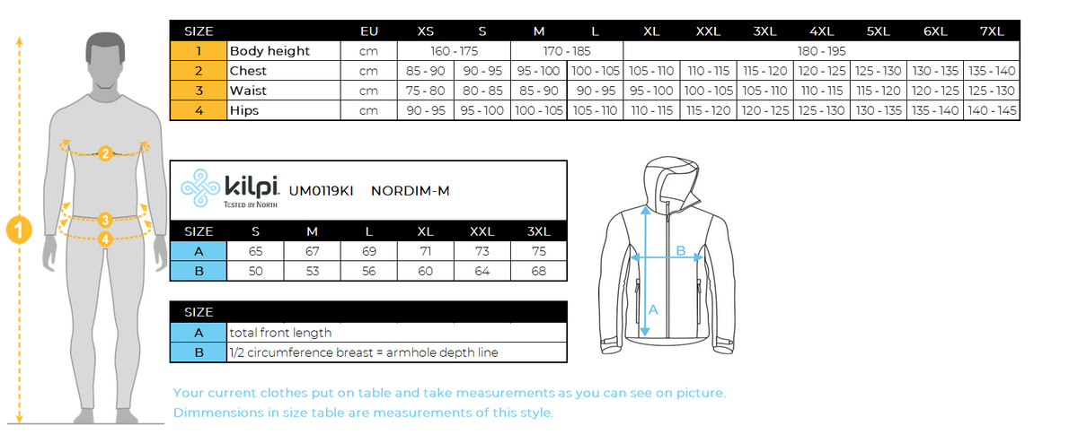 Veste de running homme Kilpi NORDIM-M – Size chart