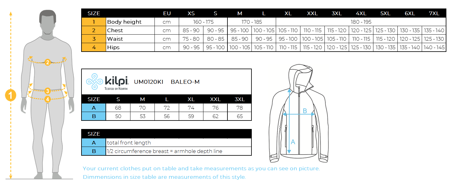 Veste de course softshell homme Kilpi BALEO-M – Size chart