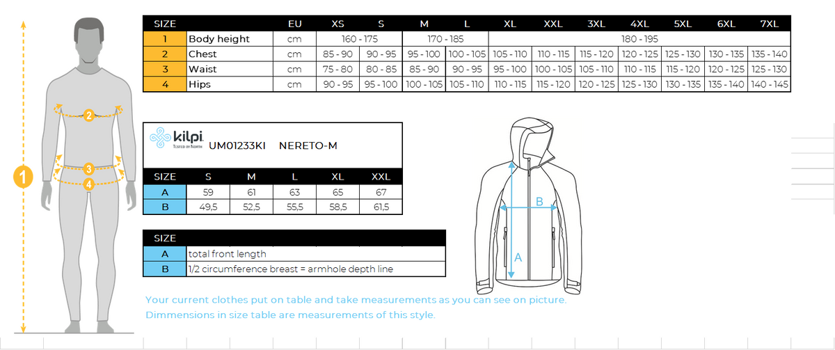 Veste de cyclisme softshell homme Kilpi NERETO-M – Size chart