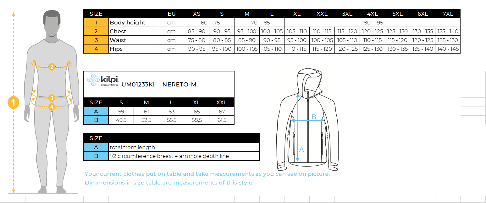 Veste de cyclisme softshell homme Kilpi NERETO-M – Size chart