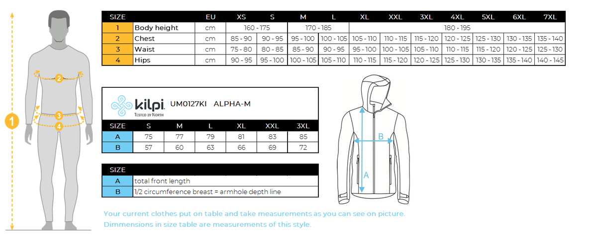 Doudoune homme Kilpi ALPHA-M – Size chart