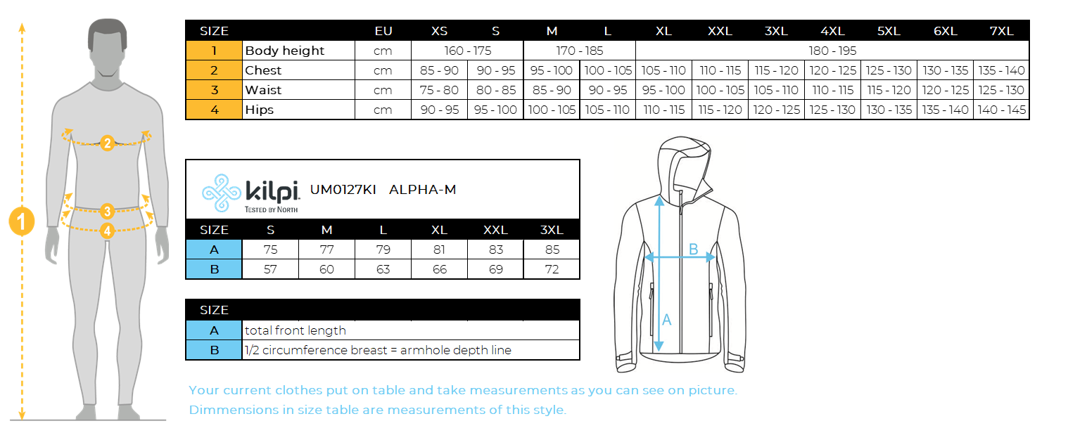 Doudoune homme Kilpi ALPHA-M – Size chart