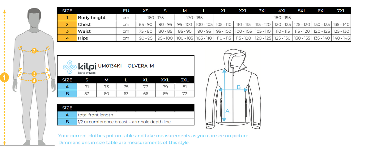 Veste outdoor homme Kilpi OLVERA-M – Size chart