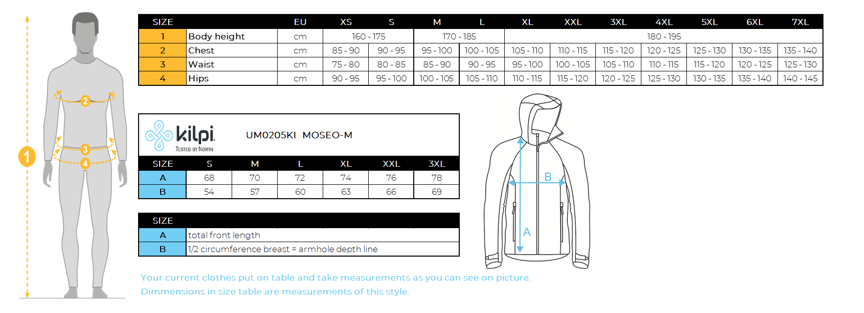 Men's merino wool middle layer Kilpi MOSEO-M – Size chart