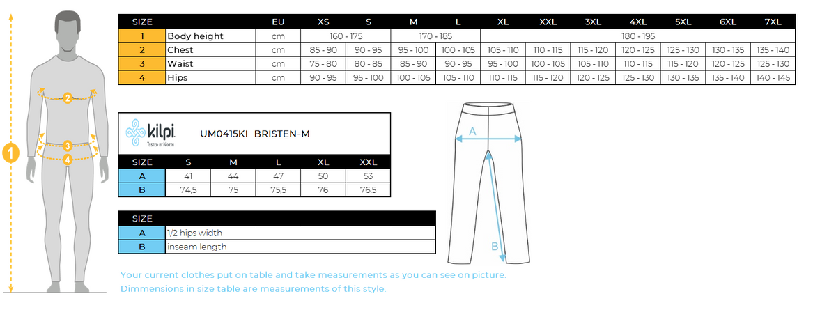 Pantalon de ski de randonnée homme Kilpi BRISTEN-M – Size chart