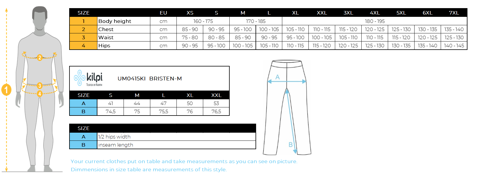Pantalon de ski de randonnée homme Kilpi BRISTEN-M – Size chart