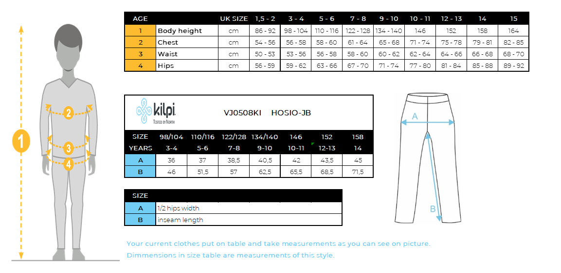 Pantalon outdoor garçon Kilpi HOSIO-JB – Size chart
