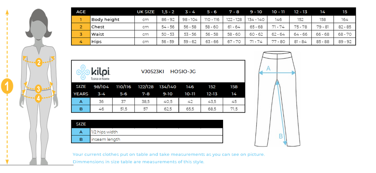 Pantalon outdoor fille Kilpi HOSIO-JG – Size chart