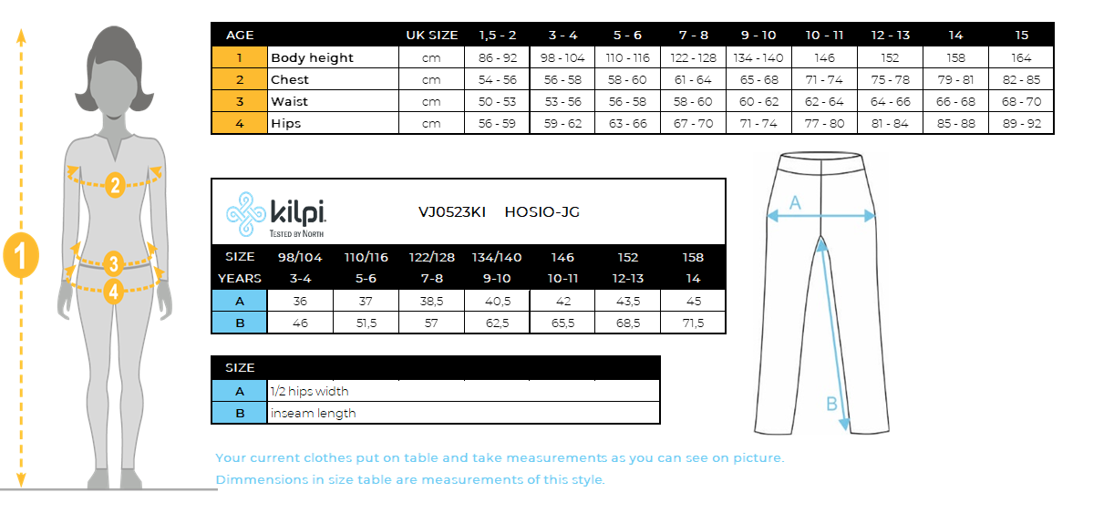 Pantalon outdoor fille Kilpi HOSIO-JG – Size chart