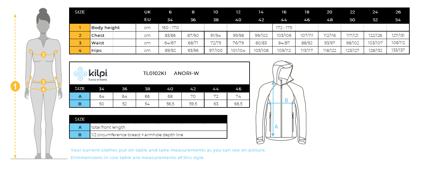 Veste anorak légère femme Kilpi ANORI-W – Size chart
